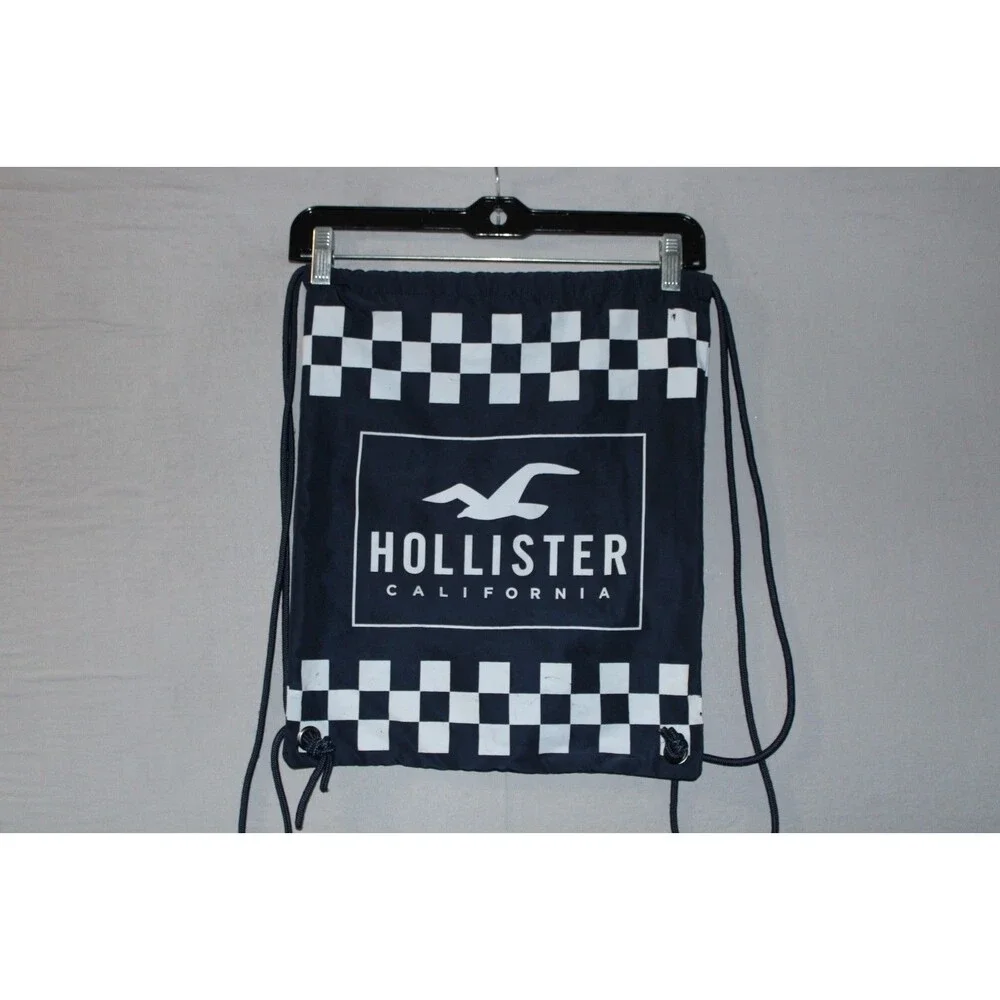 Hollister Blue Checkered Logo Draw String Athletic Bag